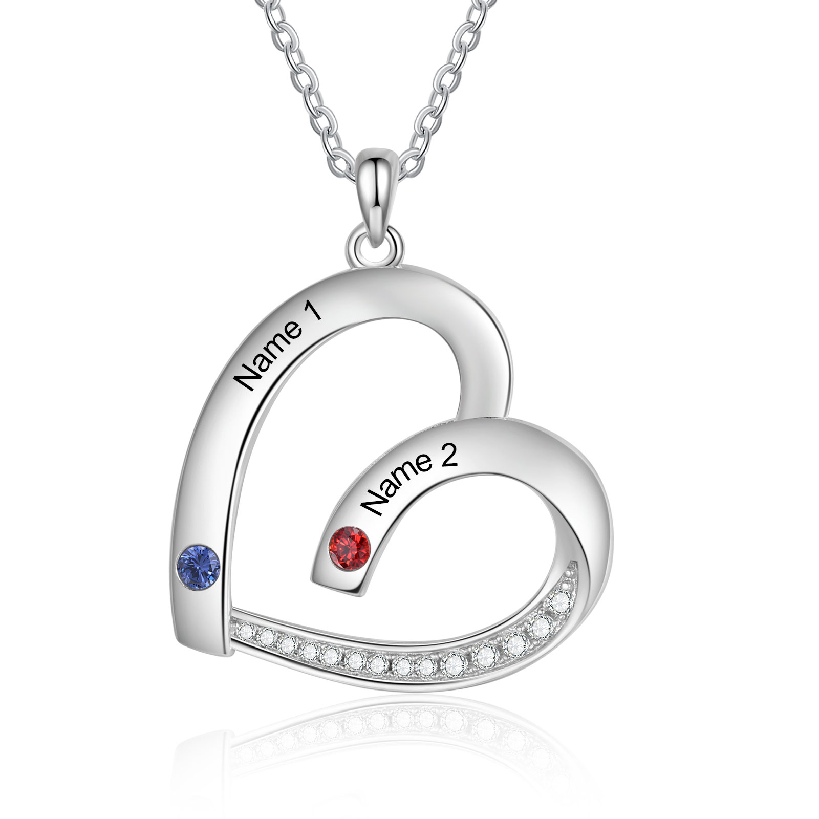 Collier Pendentif Cœur 2 Prénoms Personnalisés avec Pierre de naissance pour Femmes