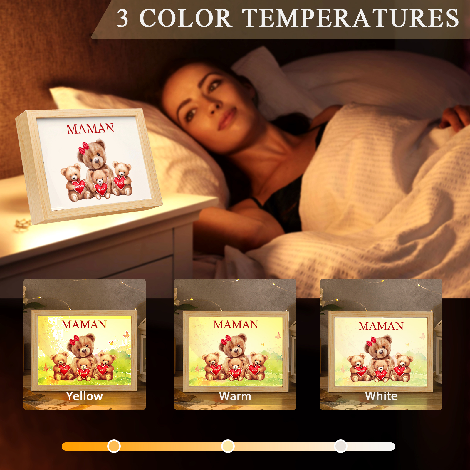 Cadre Photo LED Ours 3 Prénoms Personnalisés avec 1 Texte Décoration Famille