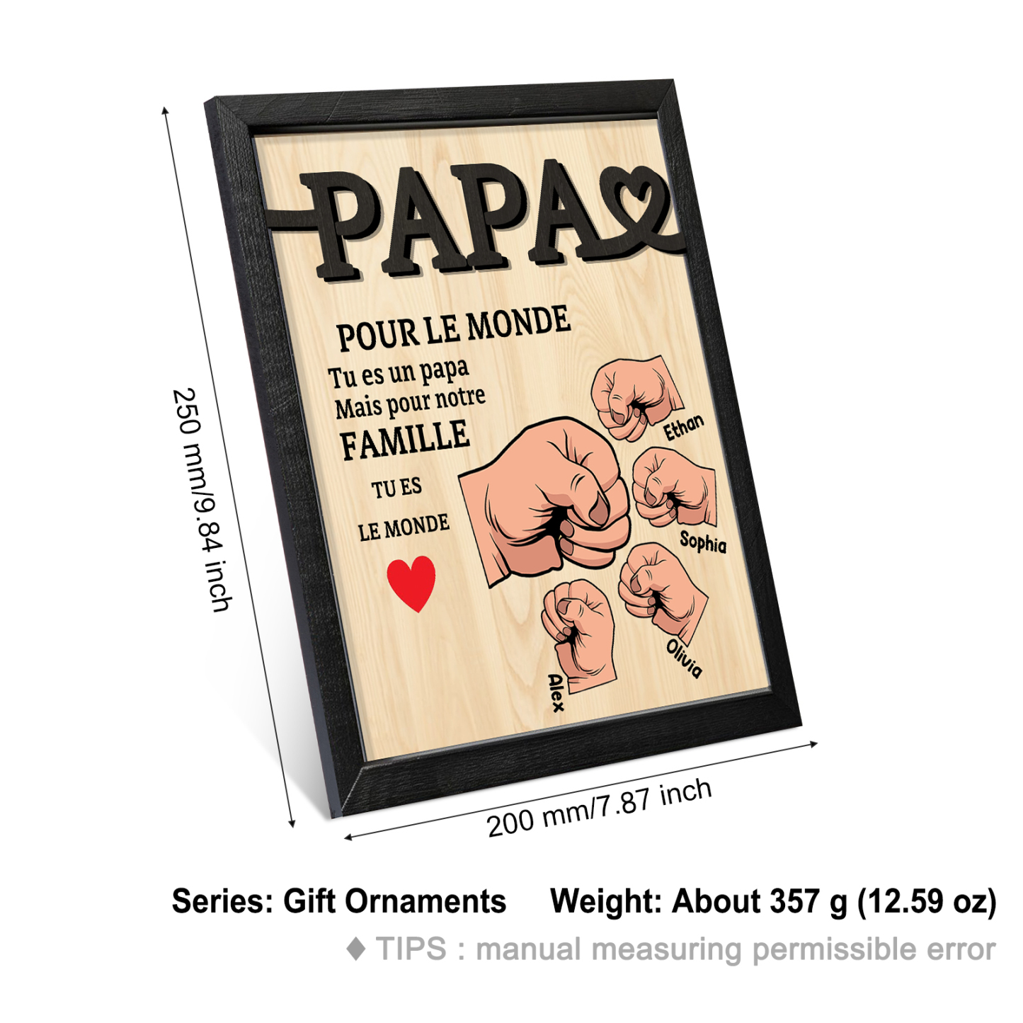 À Mon Papa-Cadre en Bois Poings 4 Prénoms Personnalisés