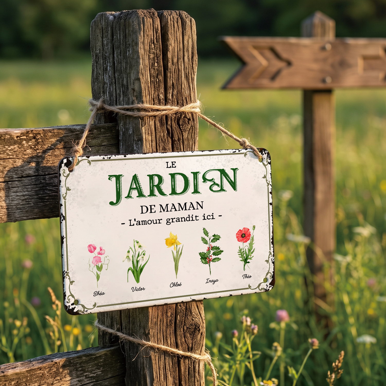 Plaque Métal Personnalisée avec 1-7 Prénoms et Fleurs de Naissance – Décoration Murale Jardin