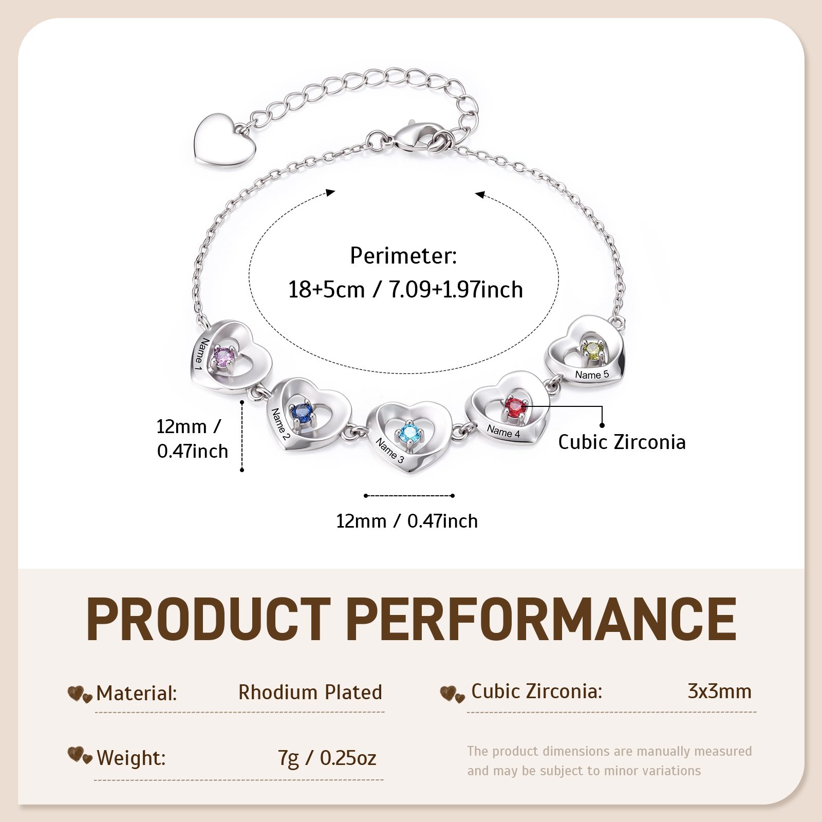 Bracelet Personnalisé Cœurs avec 2 à 5 Prénoms et Pierres de Naissance– Bijou Familial pour Femme
