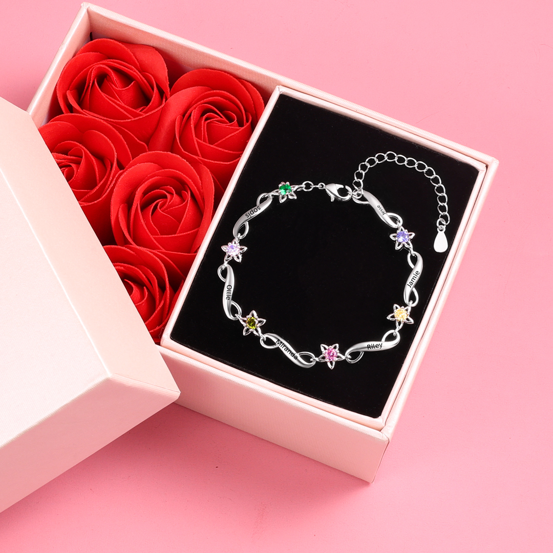 Bracelet infini à Breloque 6 Prénom Personnalisé avec 6 Pierre de Naissance