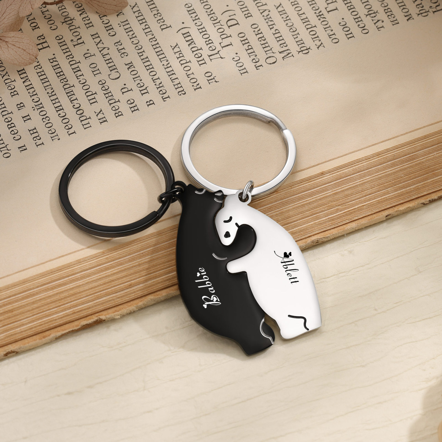 2PCS Porte-Clés Ours Couple 2 Prénoms Personnalisés
