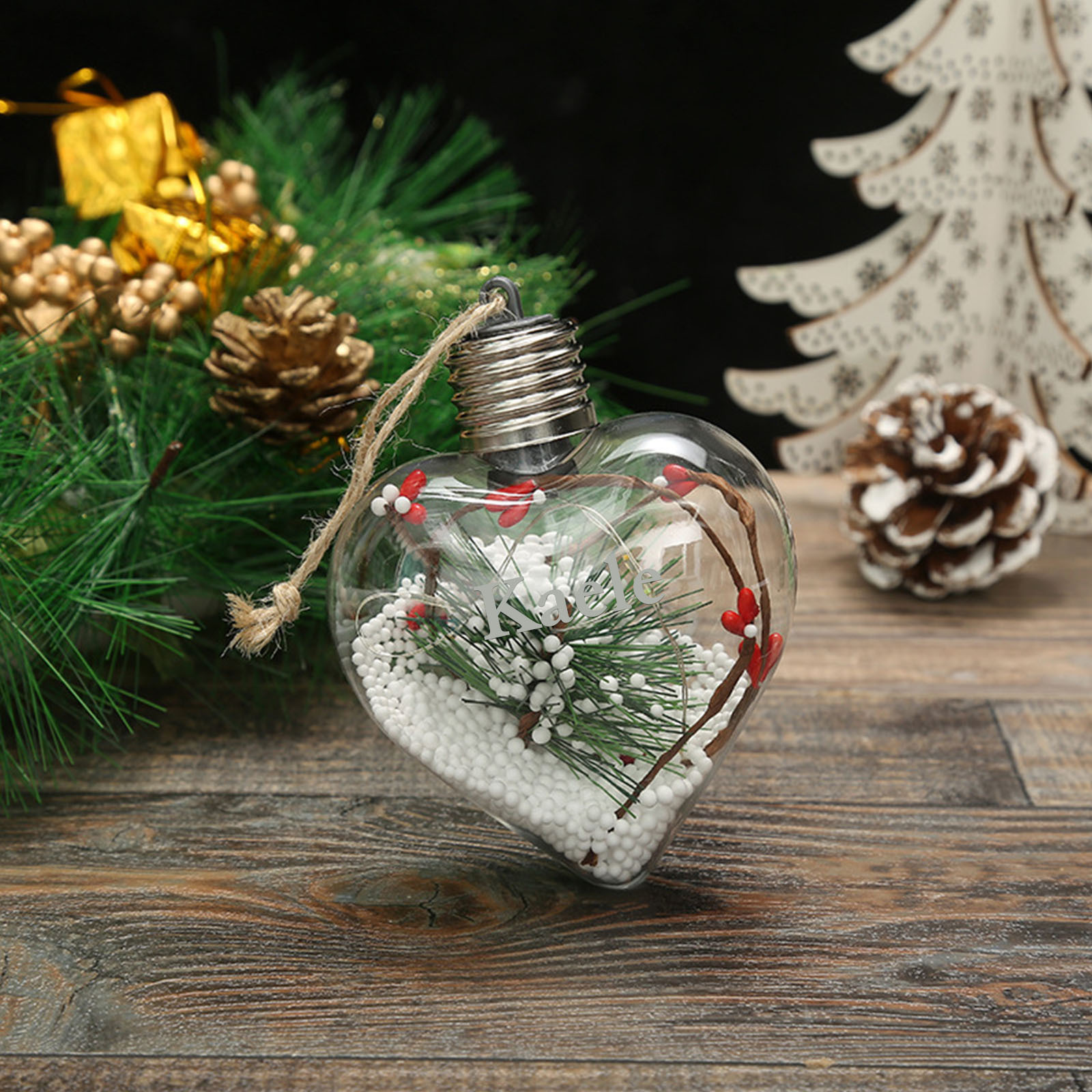 Ornements de Boule transparente Cœur de Noël avec lumières LED texte Personnalisé boule de noël | Jessemade