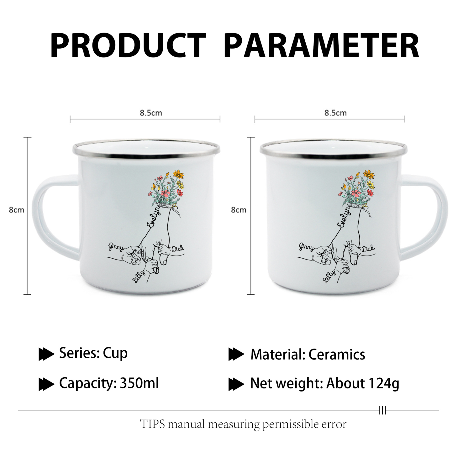 À Maman/Mamie - Tasse émaillée la Main dans la Main 4 Prénoms Personnalisés