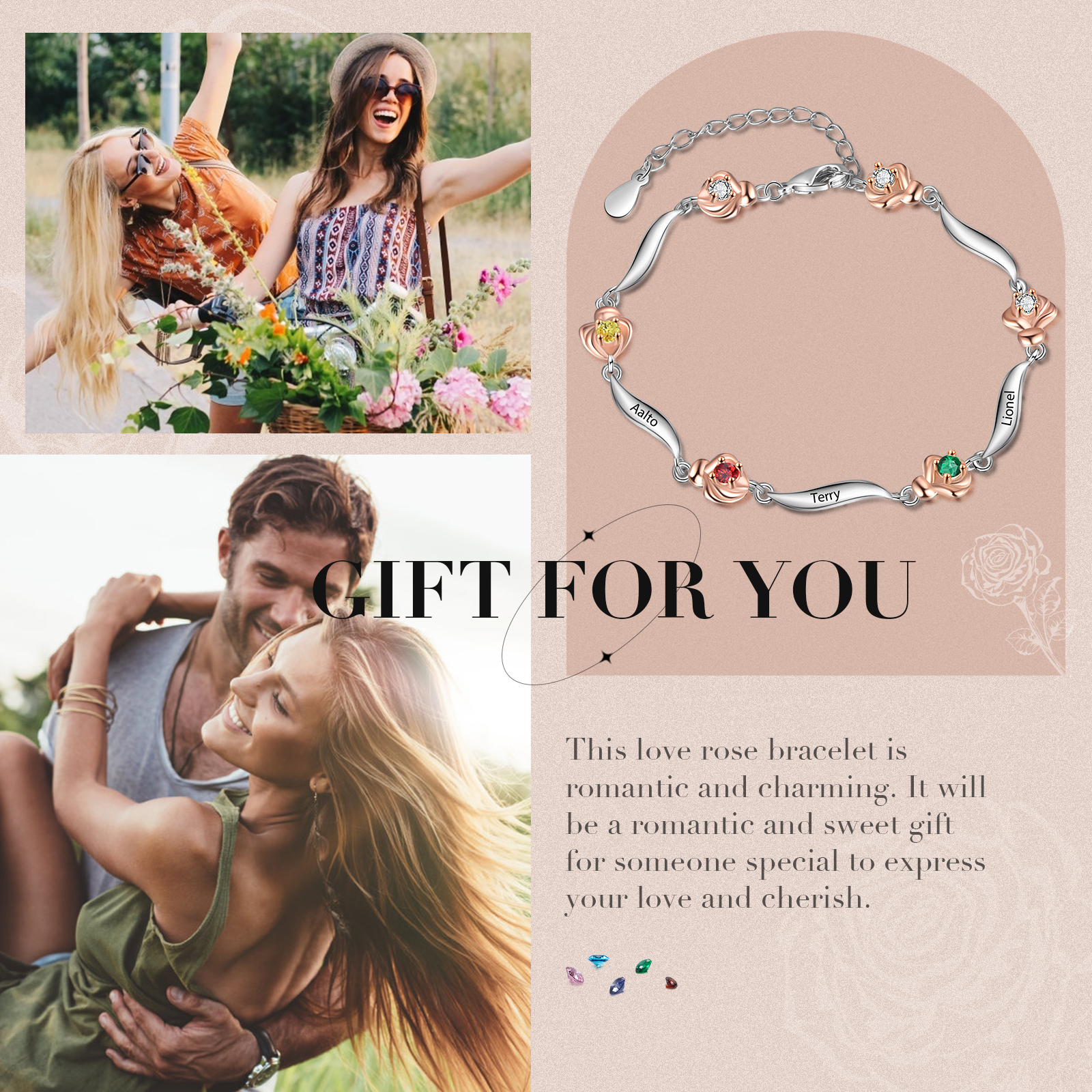 Bracelet Roses 3 Prénom Personnalisé avec 3 Pierre de Naissance