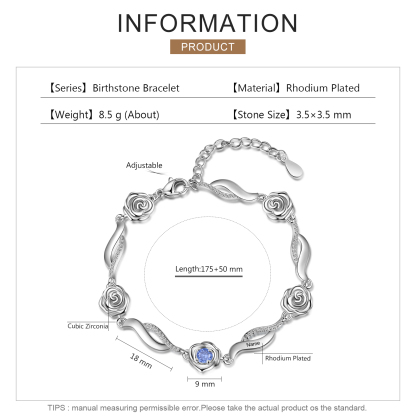 Bracelet Roses 1 Prénom Personnalisé avec 1 Pierre de Naissance
