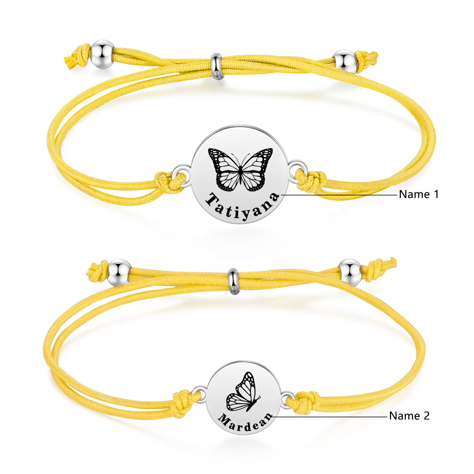 2PCS Ensemble de Bracelets Papillons 2 Prénoms Personnalisés Corde élastiques - Cadeau Rentrée Scolaire Premier jour d’école