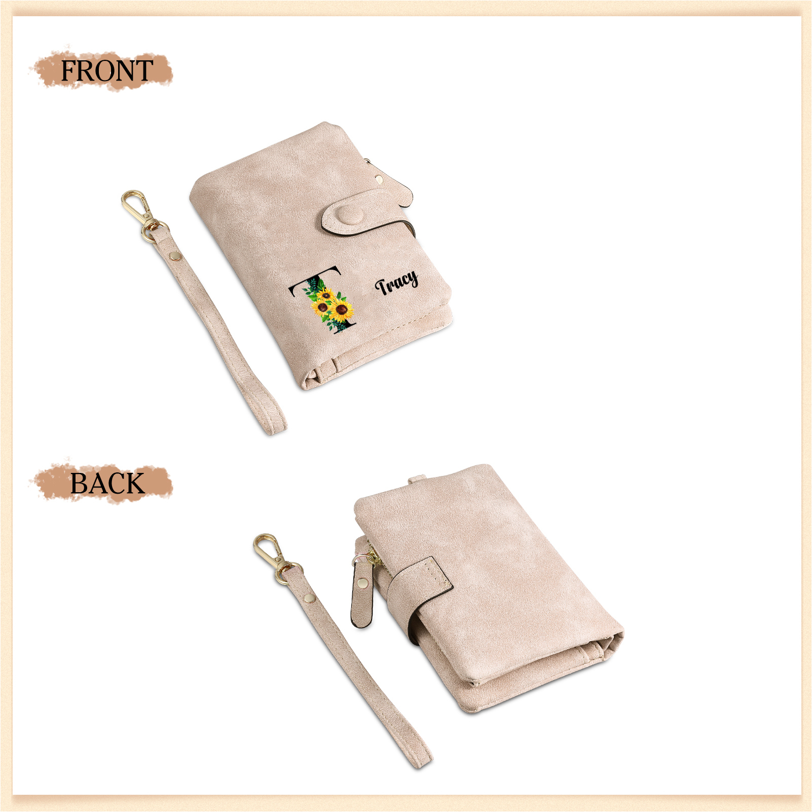 Portefeuille Fleur 1 Prénom et Lettre Personnalisés avec Photo et Texte Porte-Monnaie Carte pour Femmes