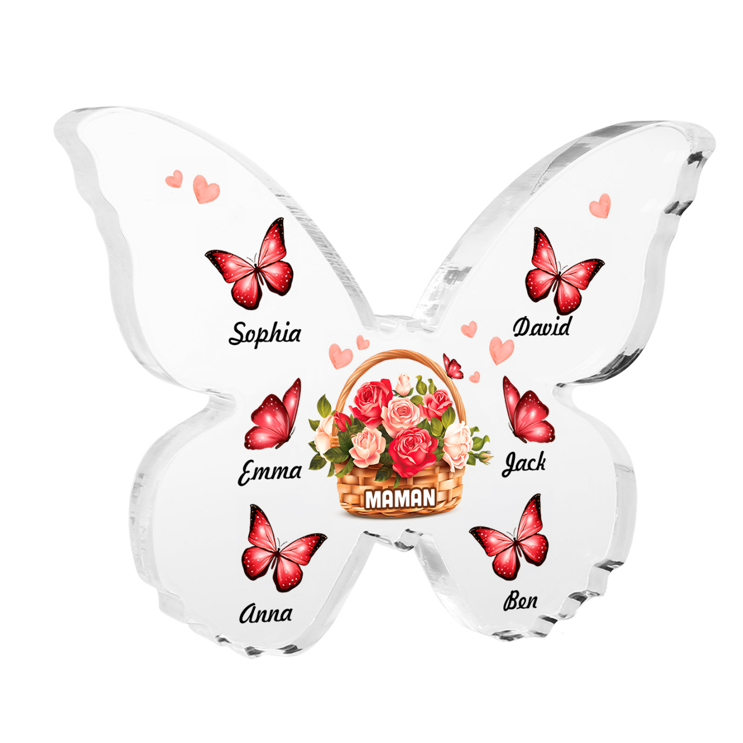 À Maman/Mamie - Plaque Acrylique en forme de Papillon 6 Prénoms et 1 Texte Personnalisés Decoration Fleurs et Papillons