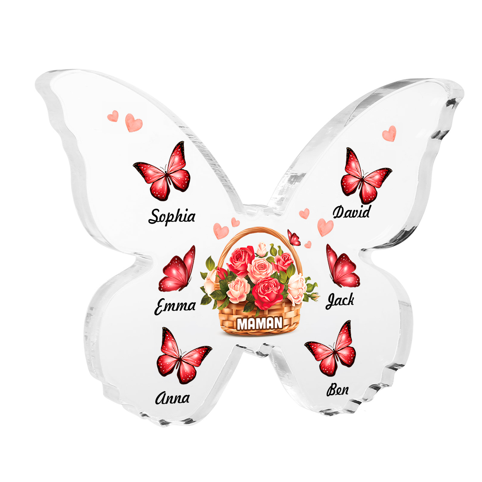 À Maman/Mamie - Plaque Acrylique en forme de Papillon 6 Prénoms et 1 Texte Personnalisés Decoration Fleurs et Papillons