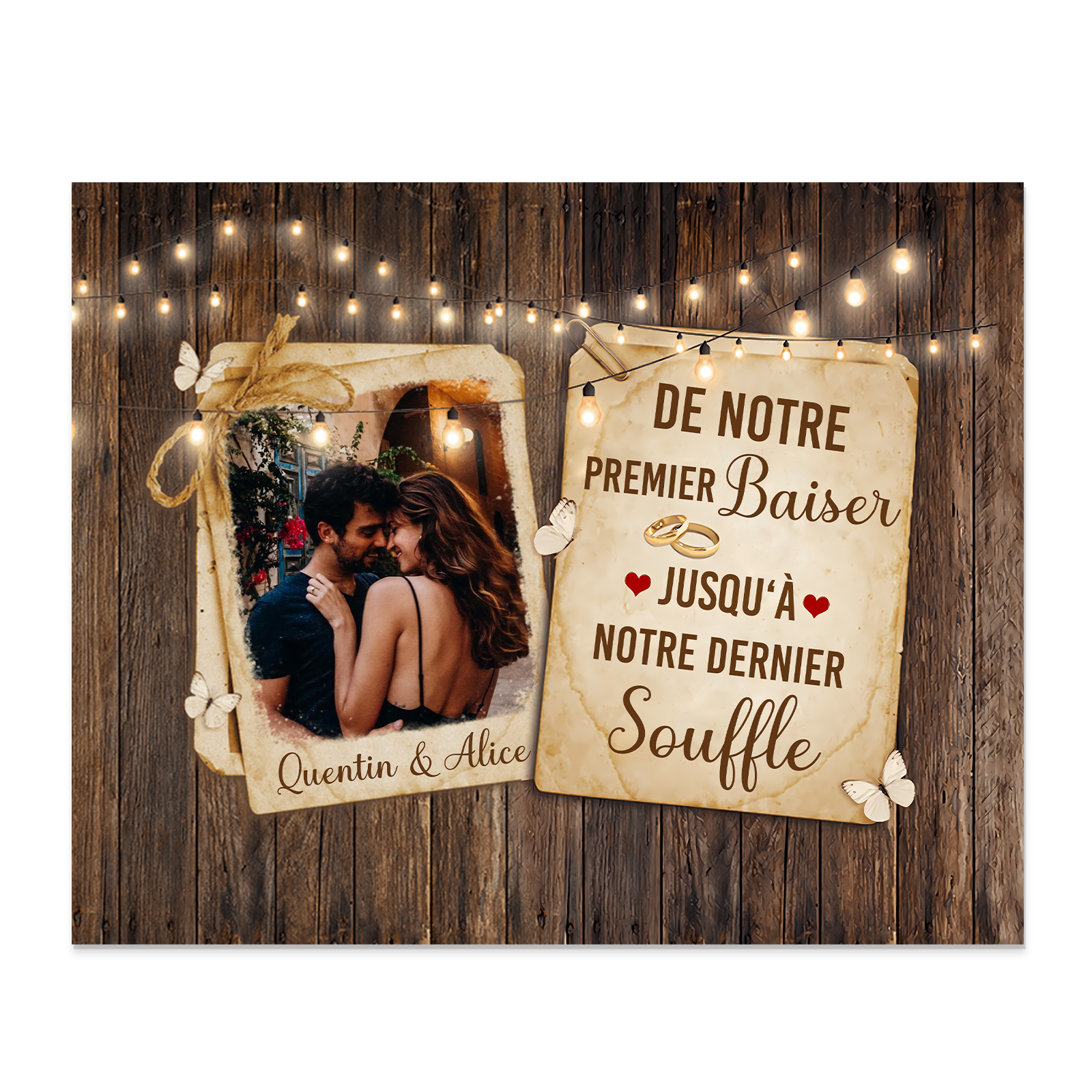 Cadre en Bois 2 Prénoms Personnalisés avec Photo pour Couple Cadeau Saint Valentin