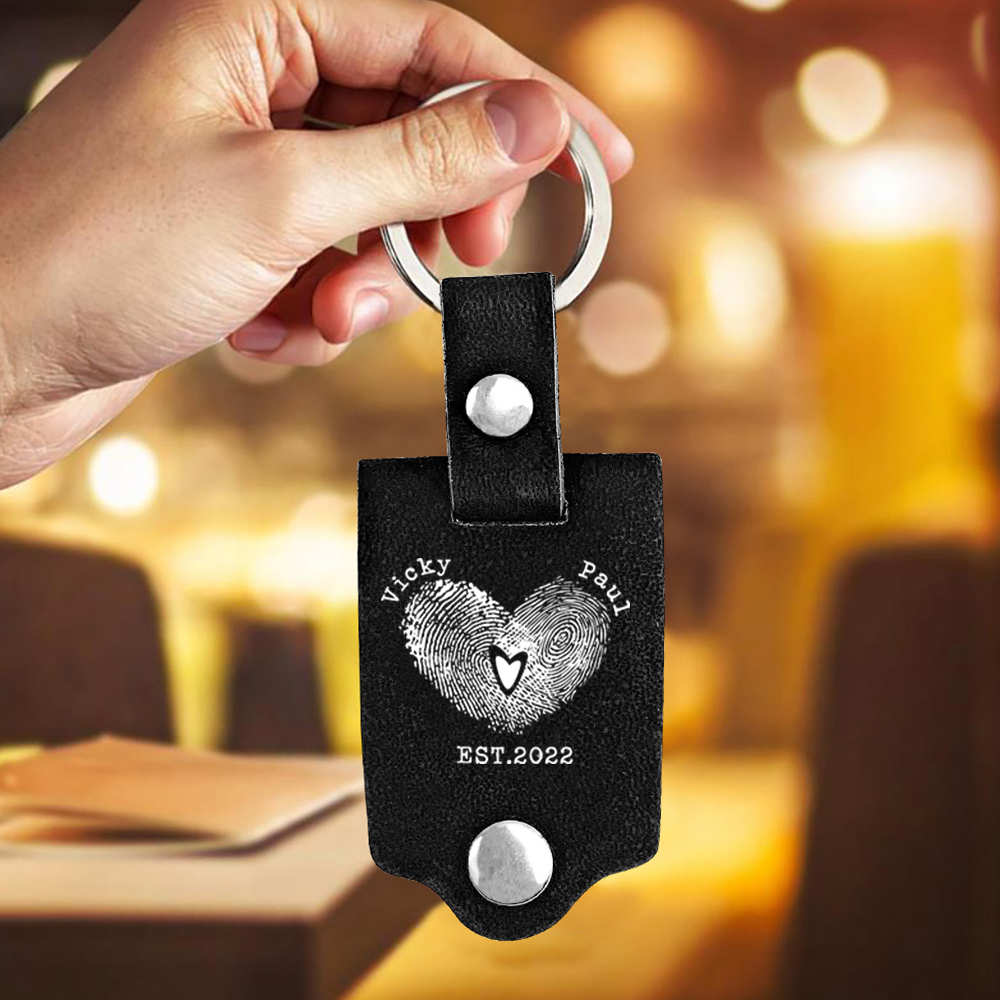 Porte-Clés Cuir 2 Prénoms et 1 Photo Personnalisés avec Date et Texte pour Couple | Jessemade