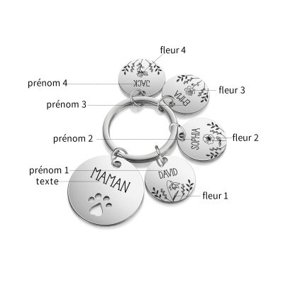 Porte-Clés patte 4 Prénoms et 1 Texte Personnalisés avec Fleur de Naissance