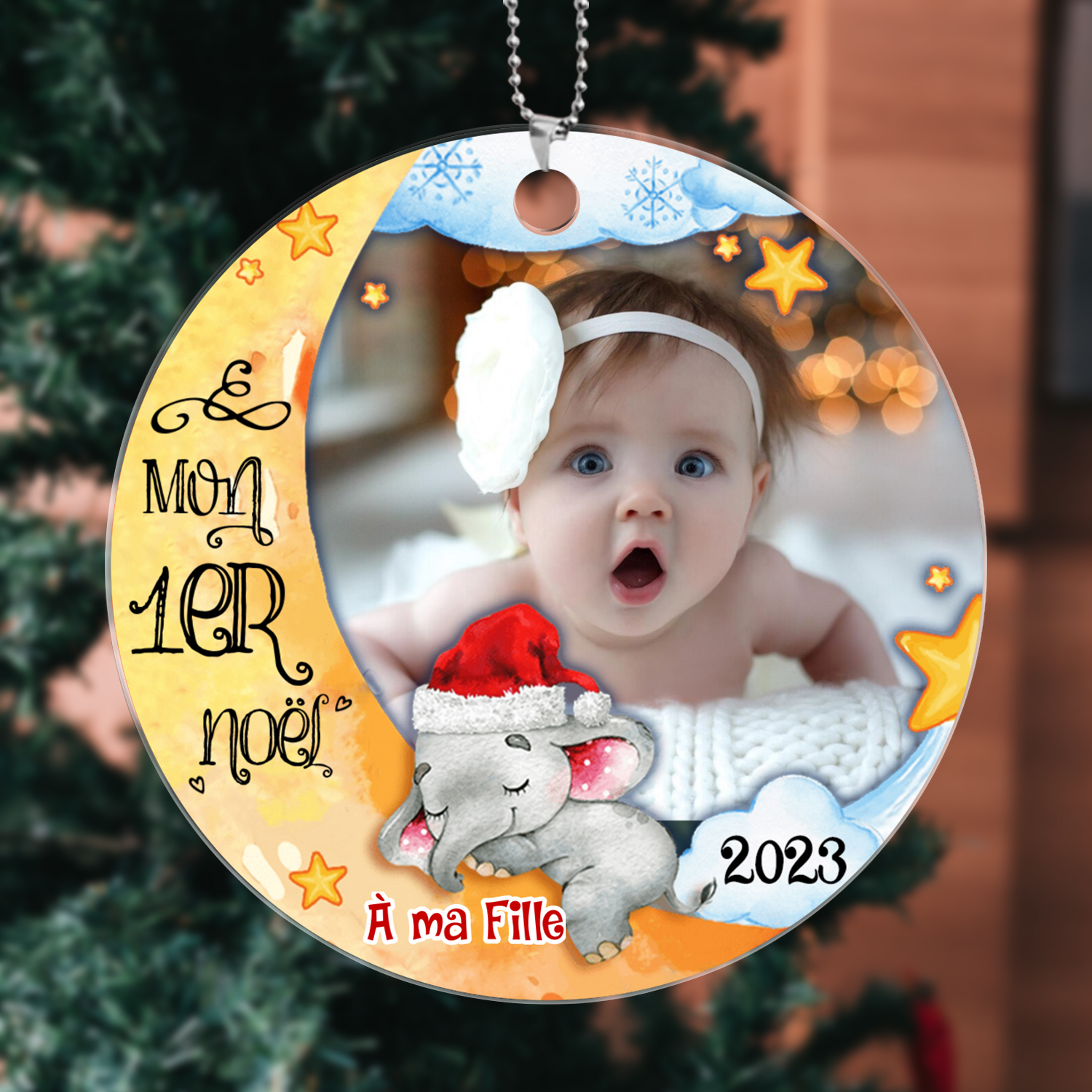 À mon Bébé - Ornements de Noël Lune en Bois avec Prénom et Photo Personnalisés