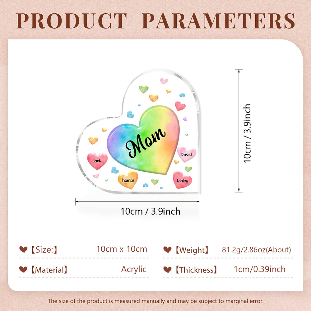À ma Maman/Mamie - Plaque Acrylique en Forme de Cœur 4 Prénoms Personnalisés avec 1 Texte