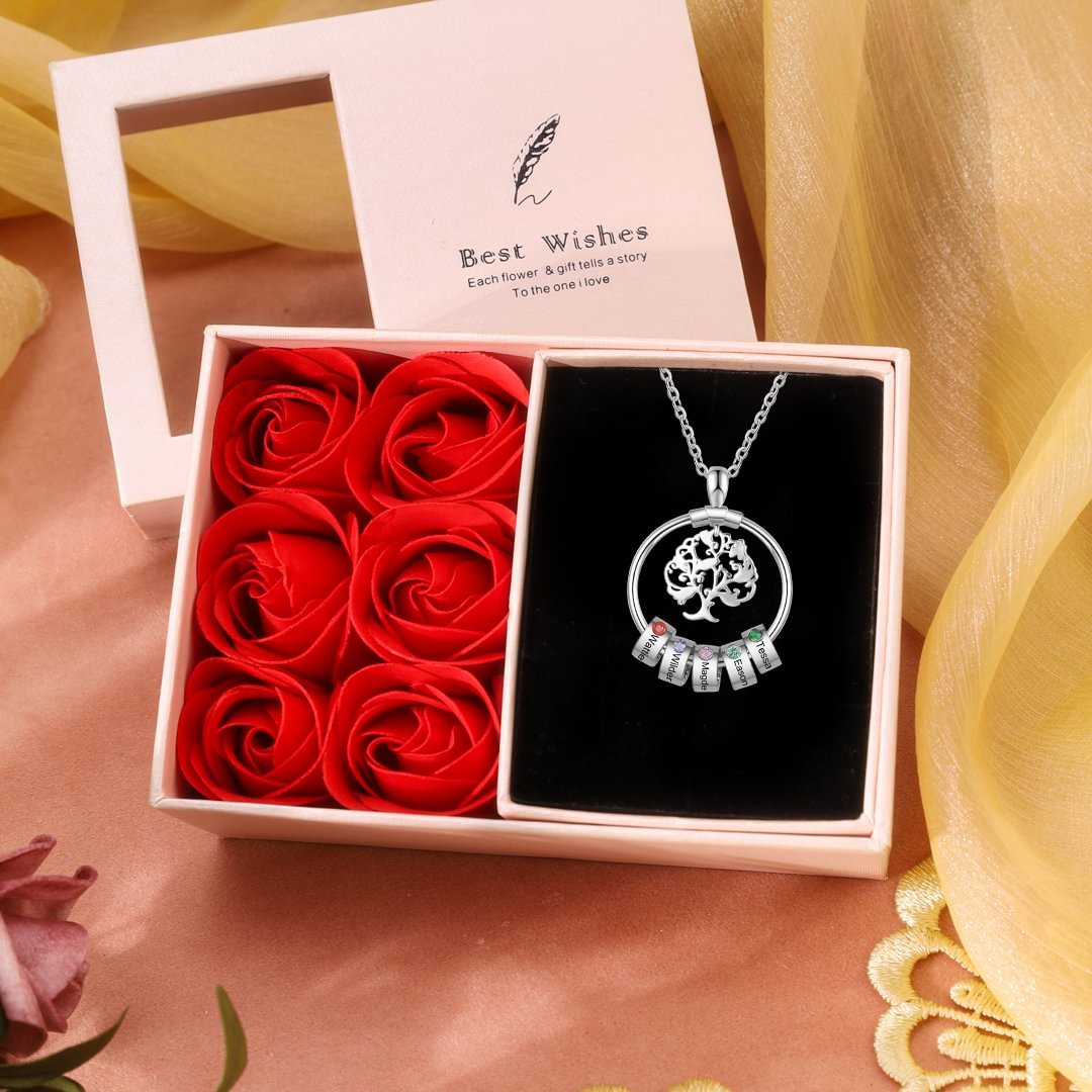 Collier Pendentif Arbre de vie Arbre généalogique 5 Prénoms Personnalisés avec Pierre de Naissance