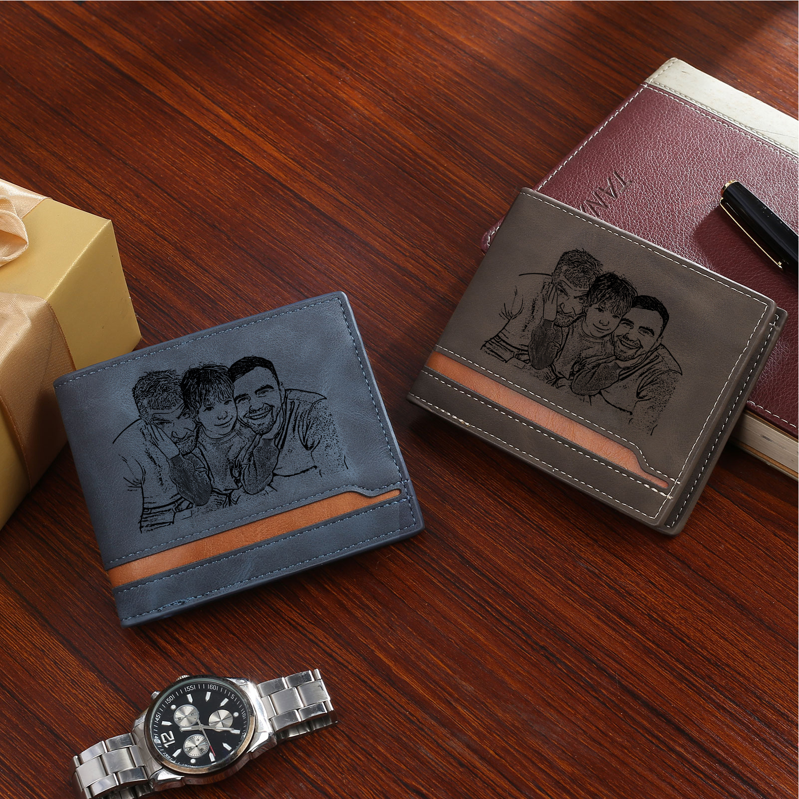 À mon Papa - Portefeuille Poings 3 Prénoms Personnalisés avec Photo Classique Homme Porte-Monnaie Carte