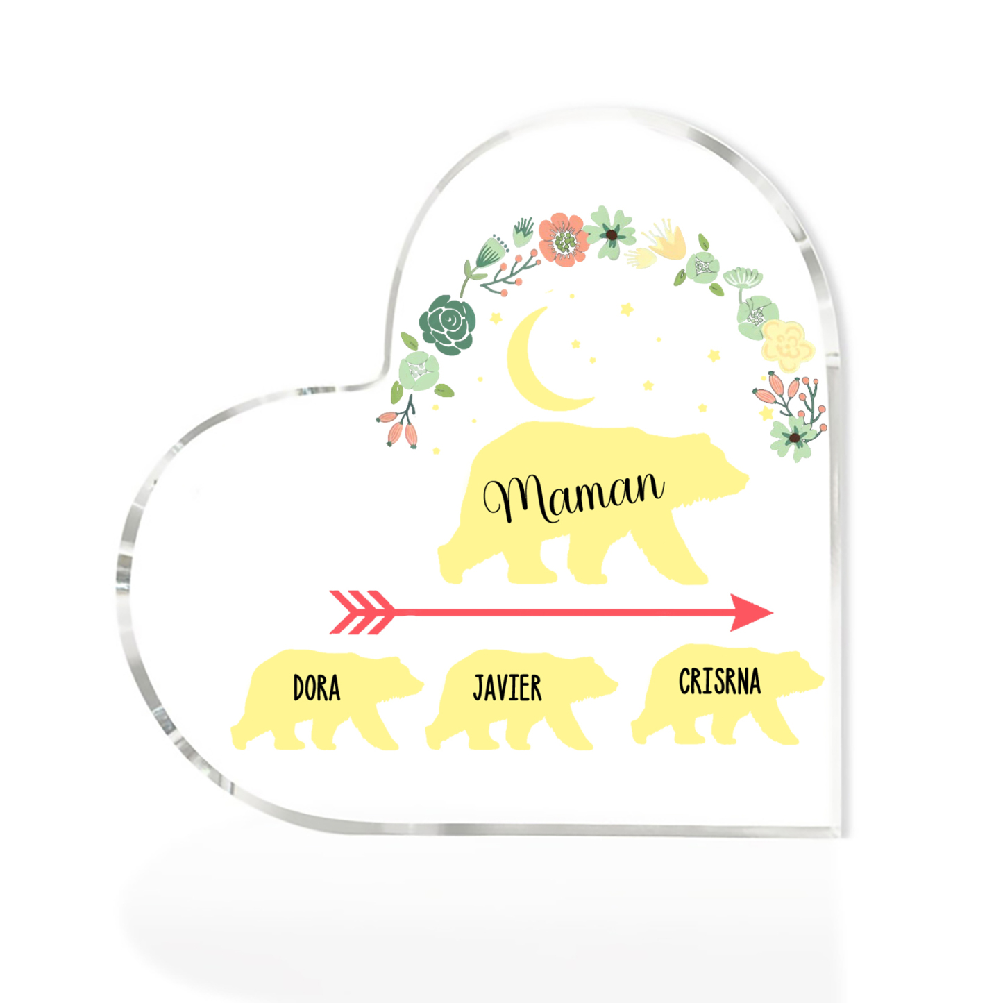 À ma Maman - Plaque Acrylique en Forme de Cœur Ours 3 Prénoms Personnalisés