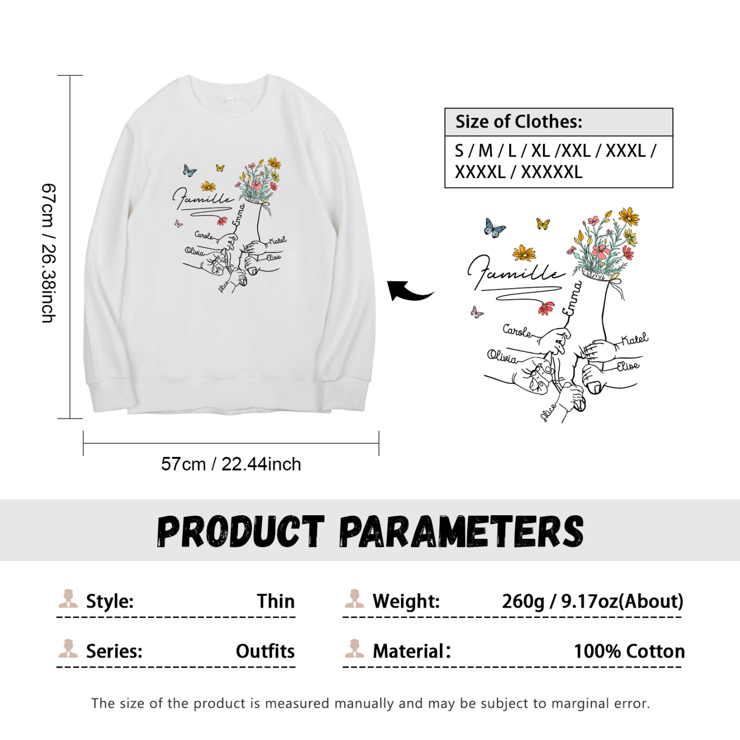 Sweat-Shirt la main dans la main 6 Prénoms Personnalisés avec Texte
