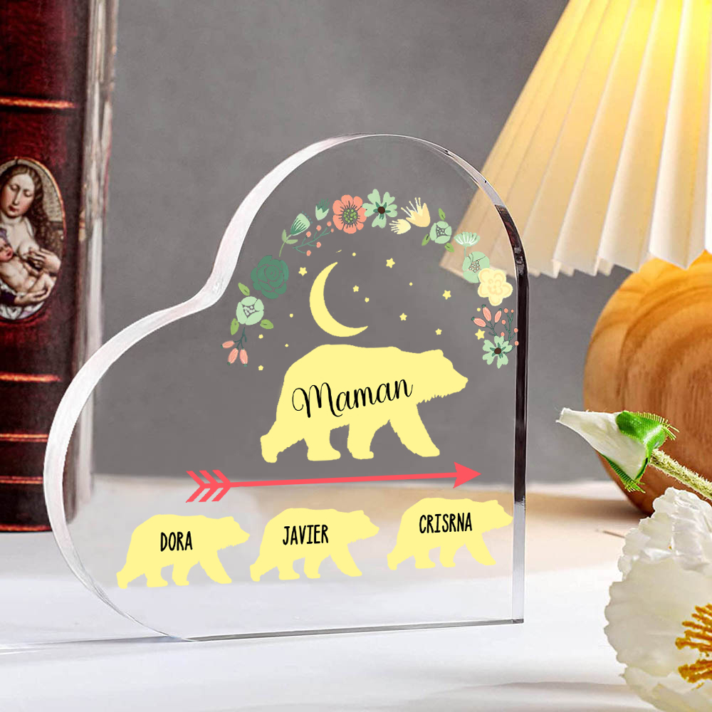 À ma Maman - Plaque Acrylique en Forme de Cœur Ours 3 Prénoms Personnalisés