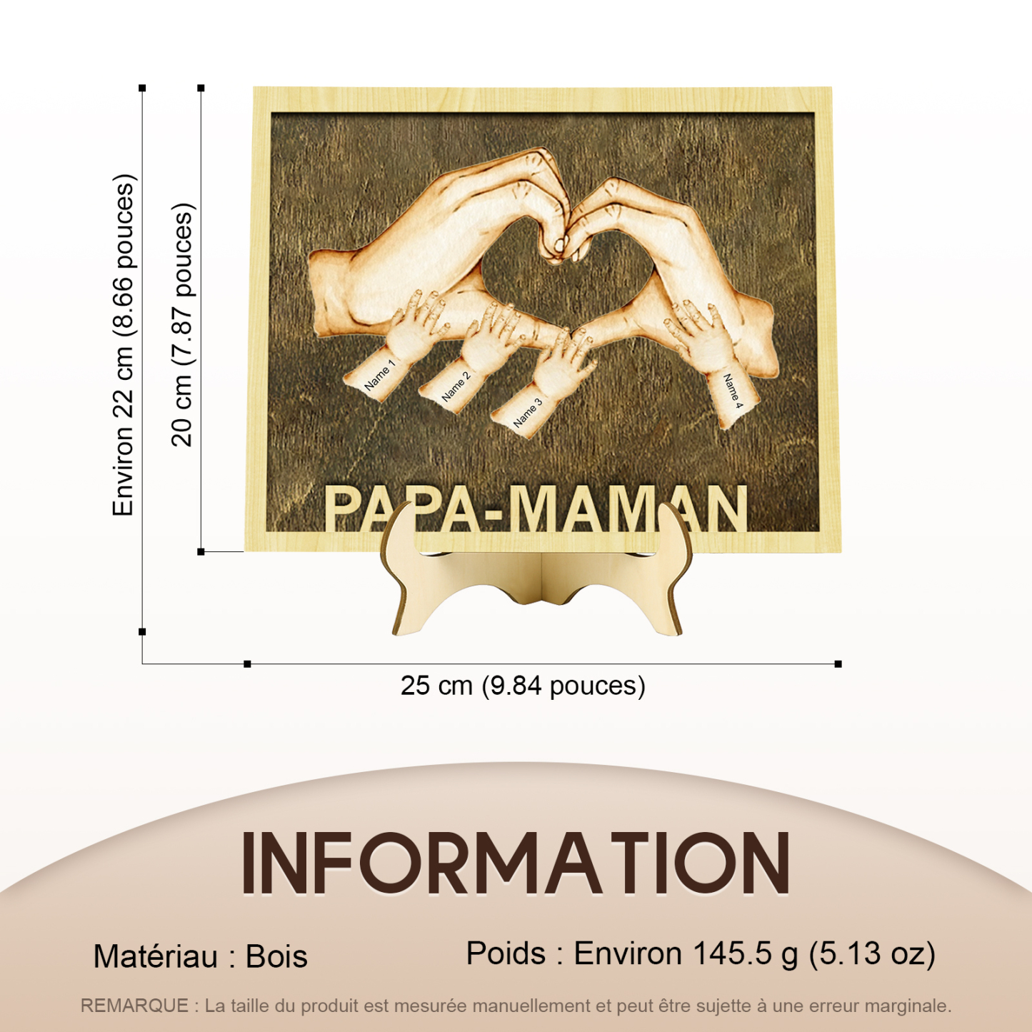 Décoration en bois la Main dans la Main 4 Prénoms Personnalisés Ornement pour Famille