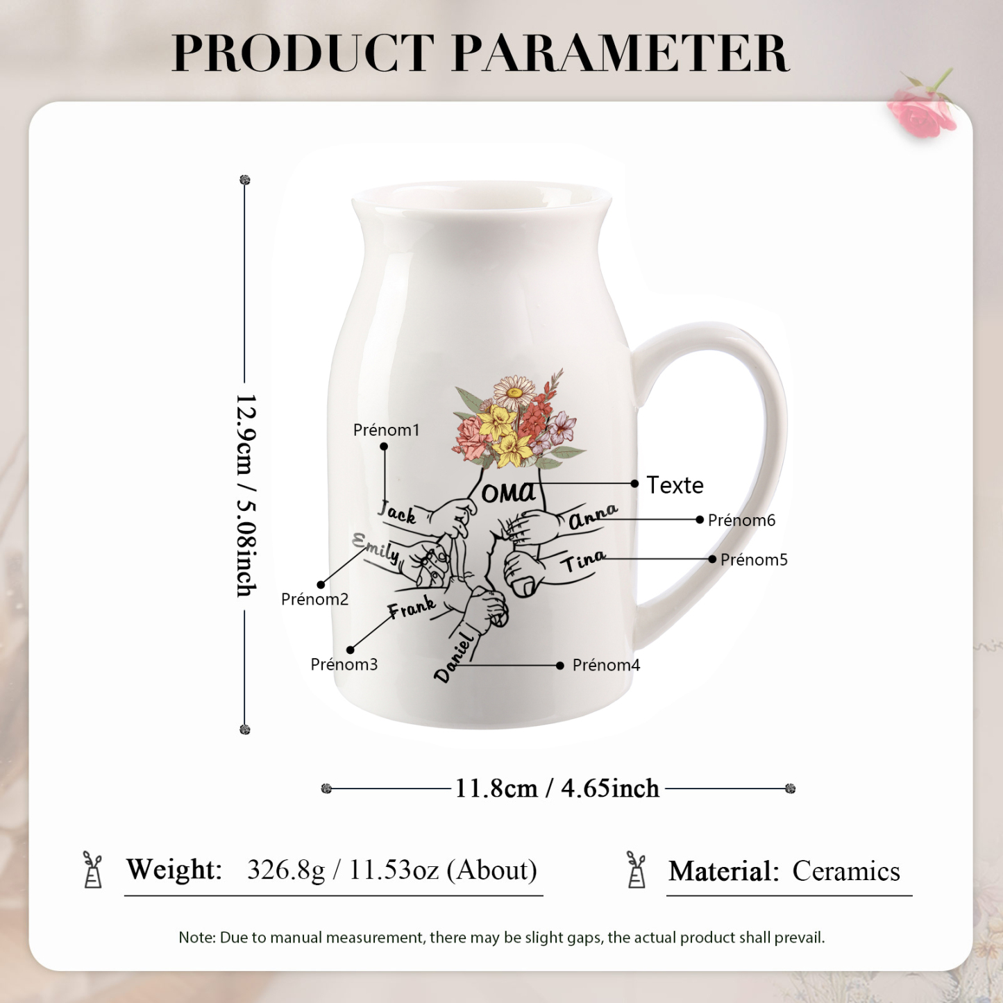 Vase à Fleurs la main dans la main 6 Prénoms Personnalisés avec Texte Décoration de la Maison