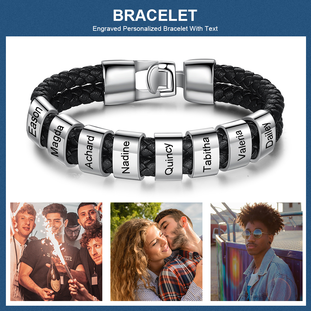 À mon Papa - Bracelet Cuir tressé 8 Perles et Prénoms Personnalisés Bracelet Hommes