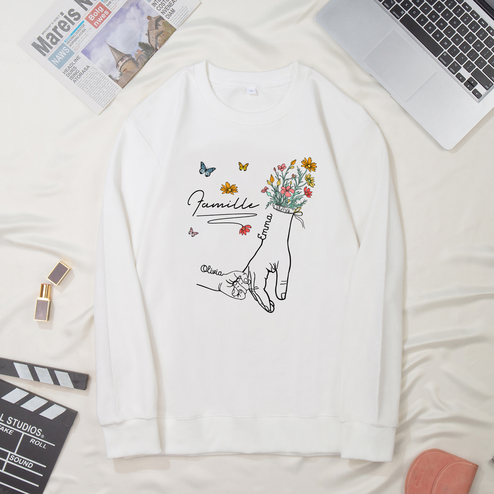 Sweat-Shirt la main dans la main 2 Prénoms Personnalisés avec Texte