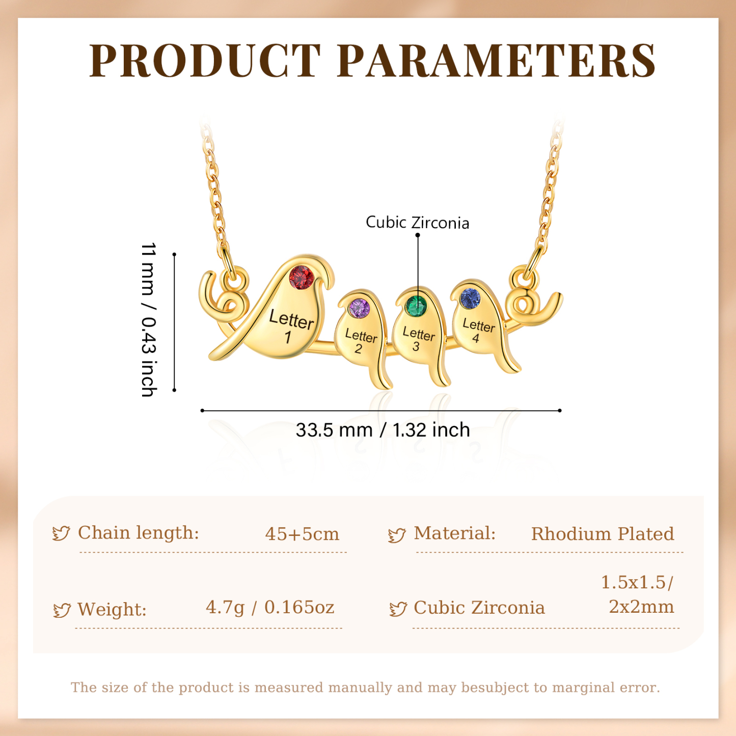Collier Petit Oiseau 4 Lettres et Pierres de Naissance Personnalisés Collier Femmes