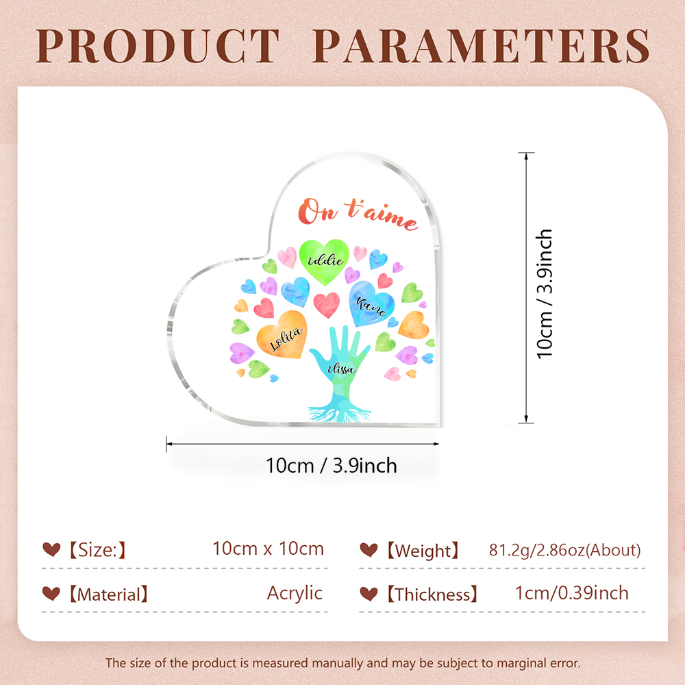 Plaque Acrylique en Forme de Cœur 4 Prénoms Personnalisés avec Texte pour Famille