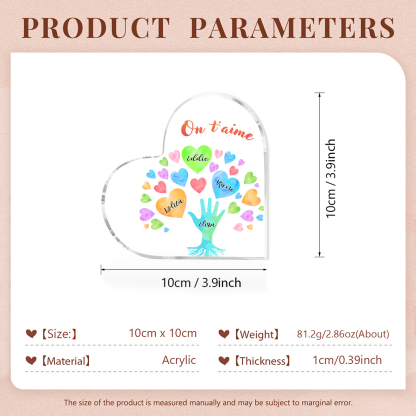 Plaque Acrylique en Forme de Cœur 4 Prénoms Personnalisés avec Texte pour Famille