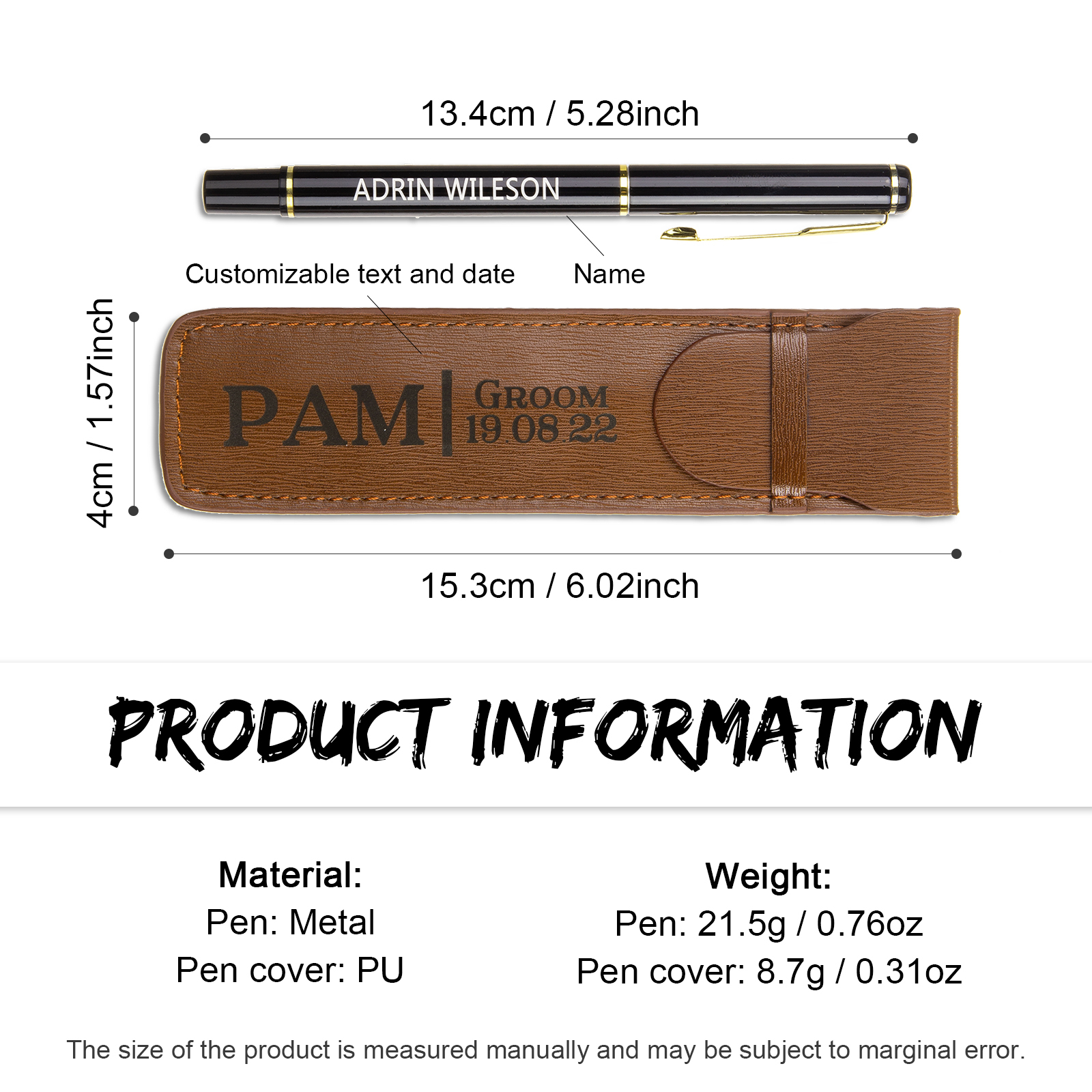 Porte-Stylo en Cuir PU Prénom Personnalisé avec un stylo