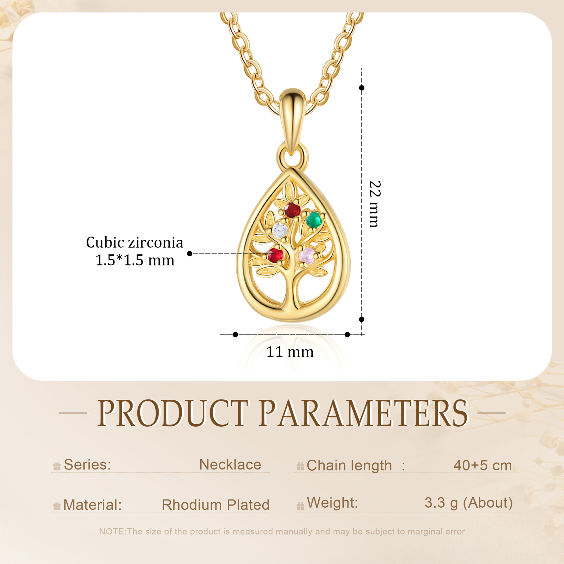 Collier Pendentif Arbre de vie 5 Pierres De Naissance Personnalisés Collier Arbre généalogique 