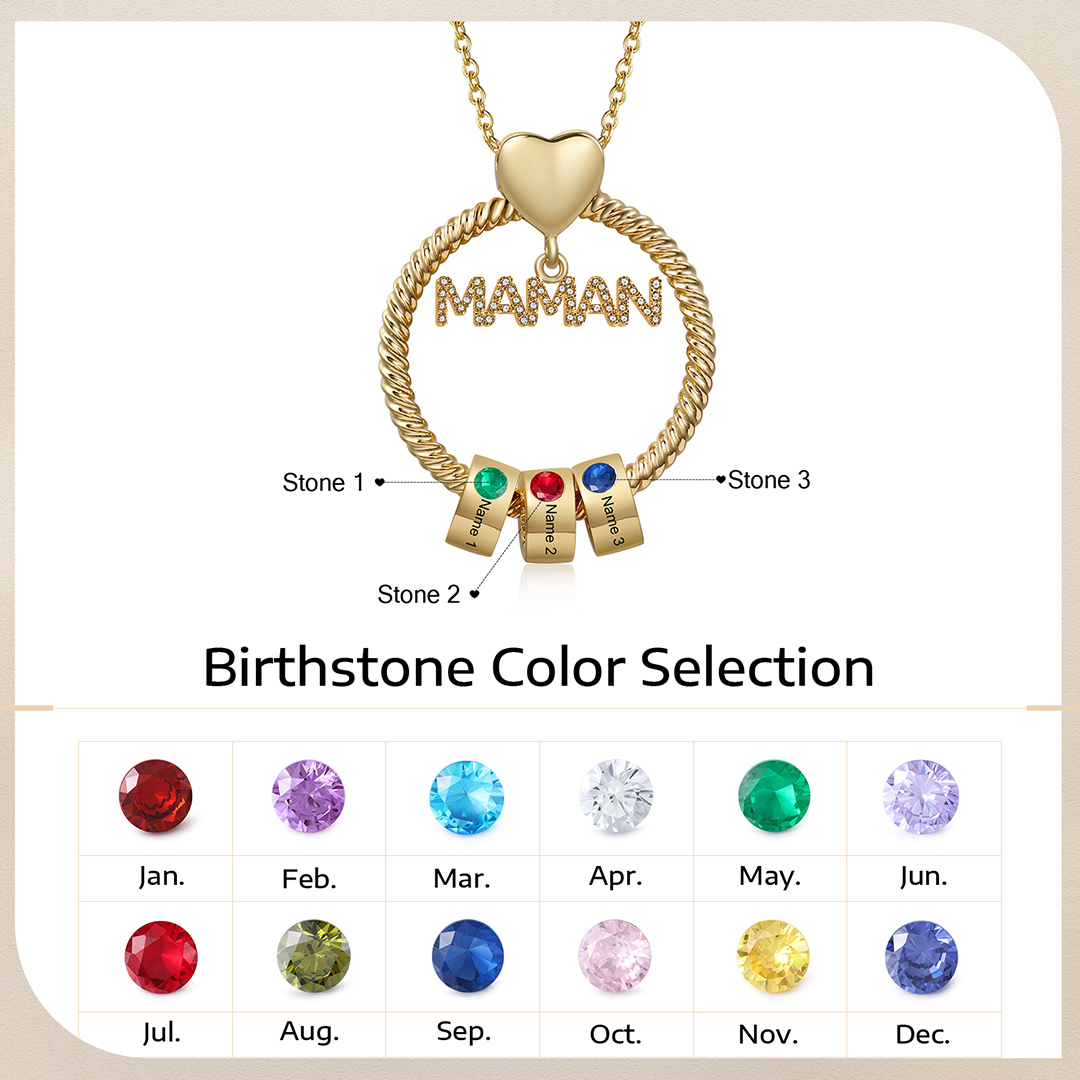 À ma Maman - Collier Pendentif 3 Prénoms Personnalisés avec Pierre de naissance | Jessemade