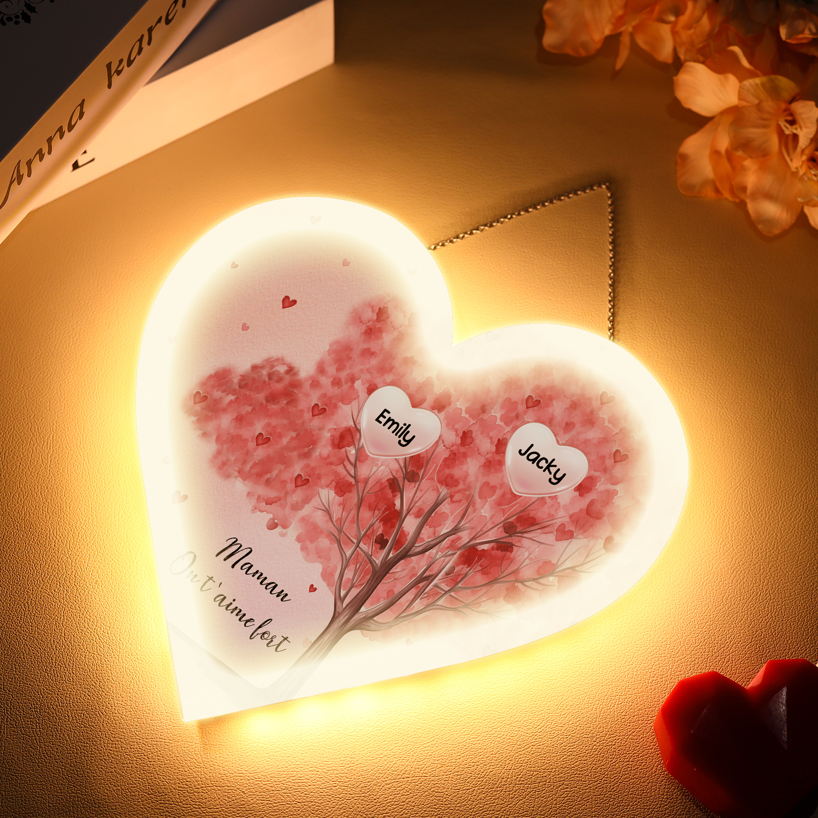 À Maman/Mamie - Veilleuse Cœur Arbre Décoration 2 Prénoms Personnalisés avec 1 Texte