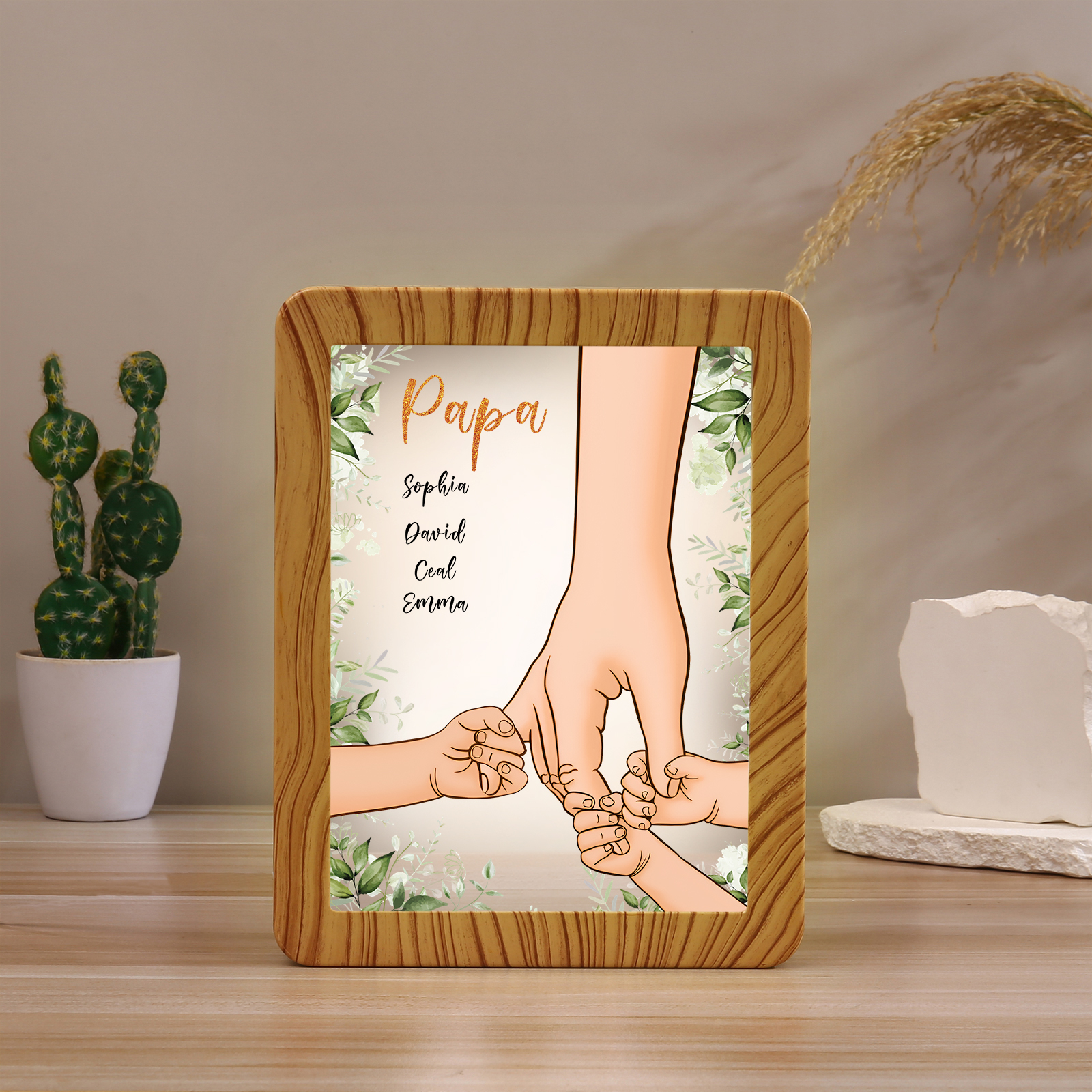 Lampe LED/Cadre Photo/Miroir multifonctionnel la main dans la main 4 Prénoms et 1 Tetxe Personnalisés Cadeau Créatif pour Famille