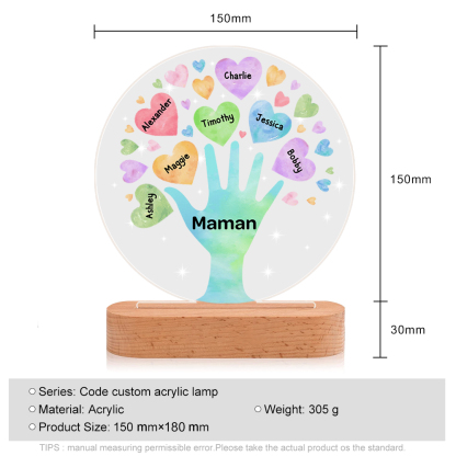 À Maman/Mamie - Lampe de chevet LED Lumières Cœur 7 Prénoms Personnalisés avec 1 Texte pour Famille