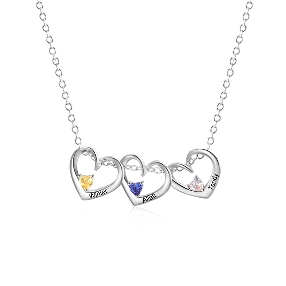 Collier Pendentif Cœur 3 Prénoms Personnalisés avec Pierre de Naissance Collier Femmes