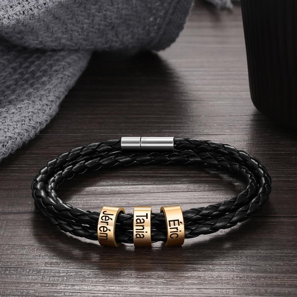 Bracelet Cuir tressé Prénom Personnalisé Cadeau papa Avec 3 Perles