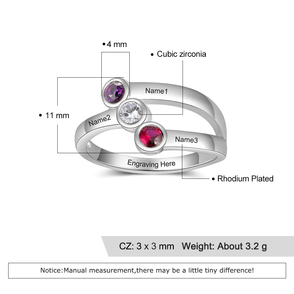Bague Argent 925 3 Prénoms Personnalisés avec 3 pierre naissance