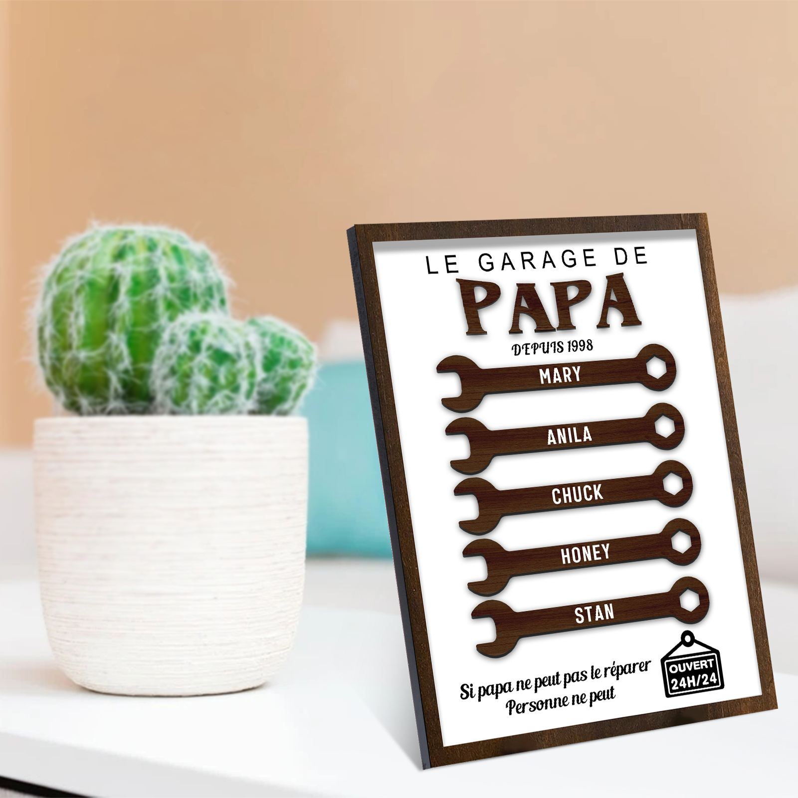 À Mon Papa-Cadre en Bois Garage 5 Prénoms Personnalisés