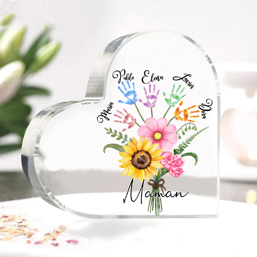 À ma Maman - Plaque Acrylique en Forme de Cœur fleurs 5 Prénoms Personnalisés