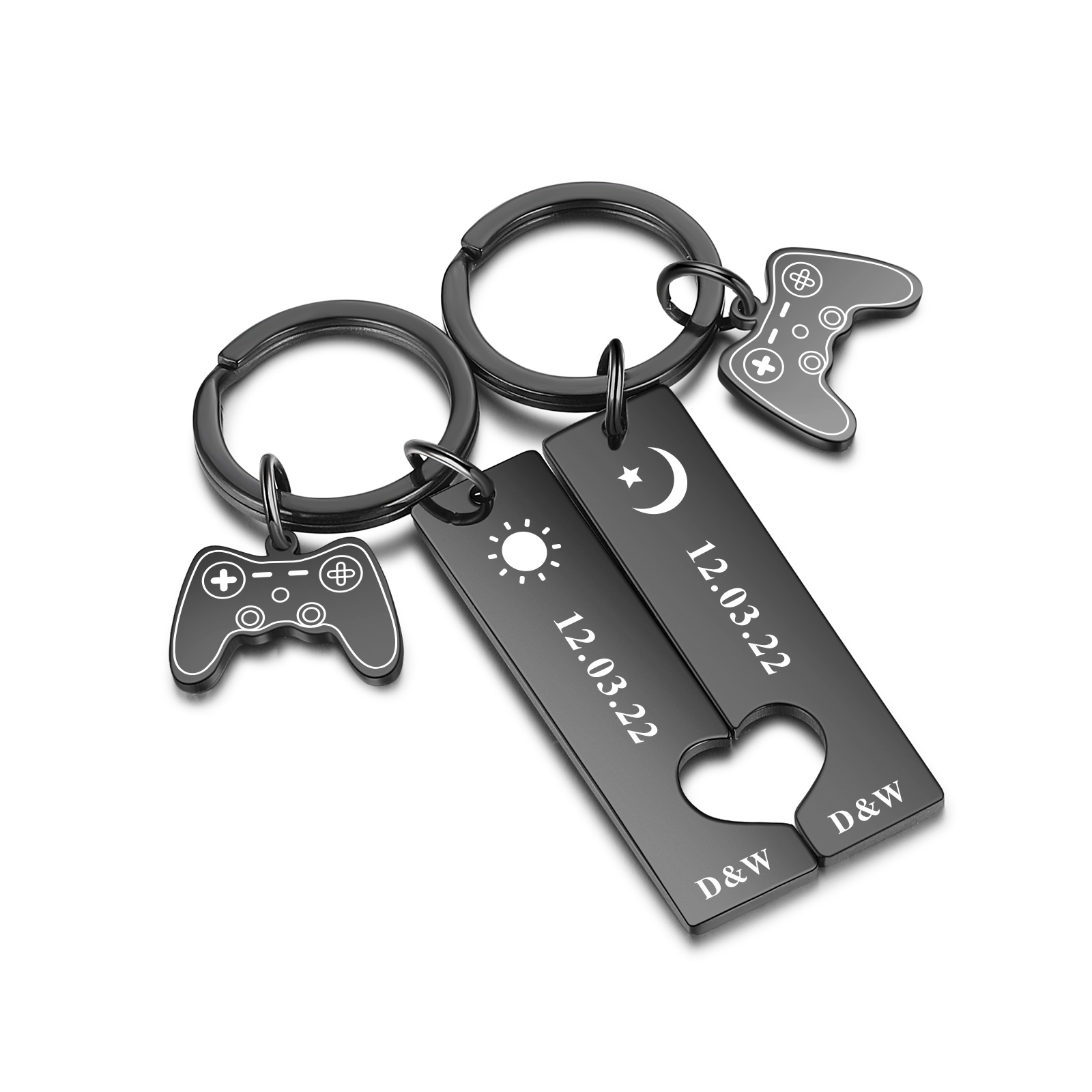 Porte-Clés 2 Lettres Personnalisées avec 1 Date Porte-Clés Lune et Soleil | Jessemade