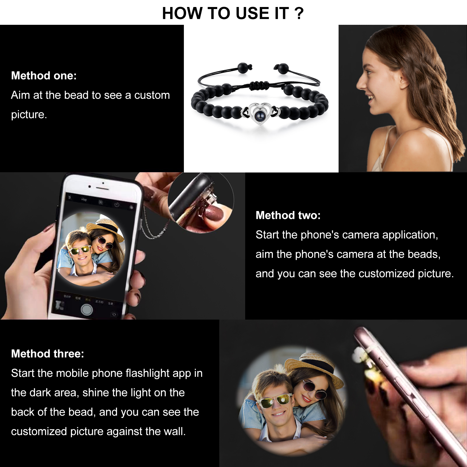 Bracelet Projection de Pierre Bracelet Photo Projection Turquoise Noir pour Homme｜ Jessemade