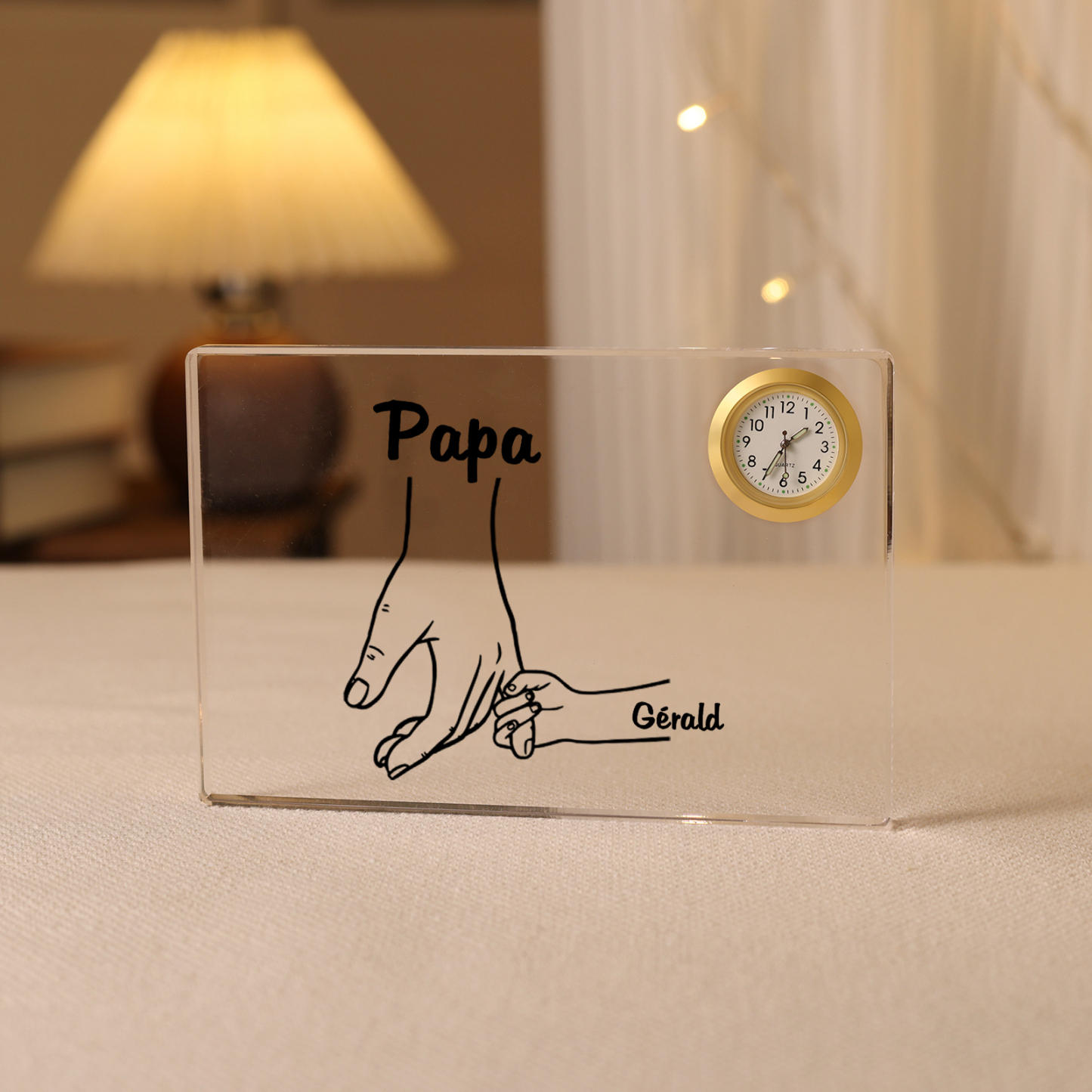 À mon Papa - Plaque Acrylique rectangle avec Horloge la main dans la main 1 Prénom Personnalisé