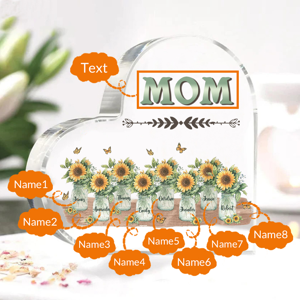 À ma Maman/Mamie - Plaque Acrylique en Forme de Cœur Fleurs 8 Prénoms Personnalisés avec 1 Texte