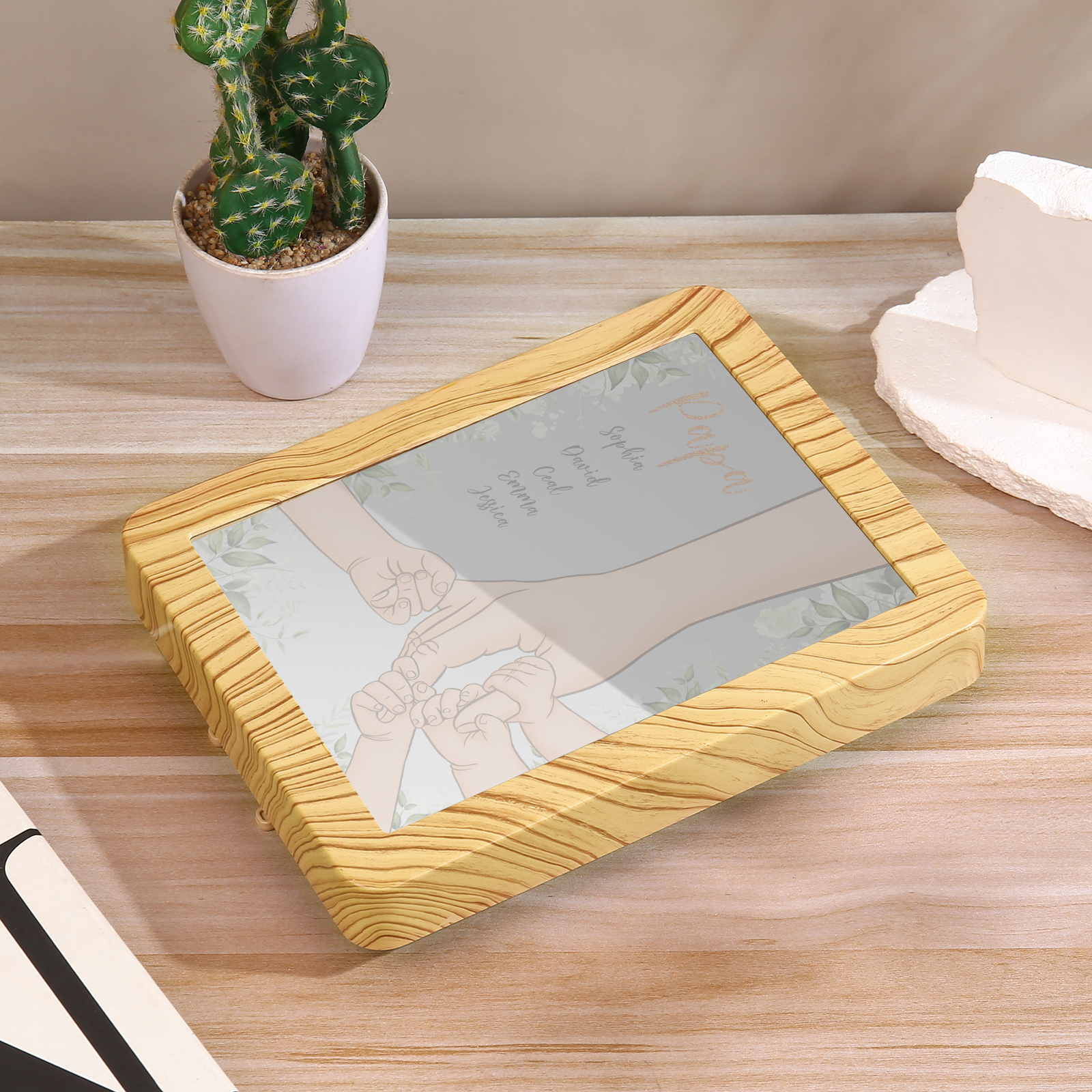 Lampe LED/Cadre Photo/Miroir multifonctionnel la main dans la main 5 Prénoms et 1 Tetxe Personnalisés Cadeau Créatif pour Famille