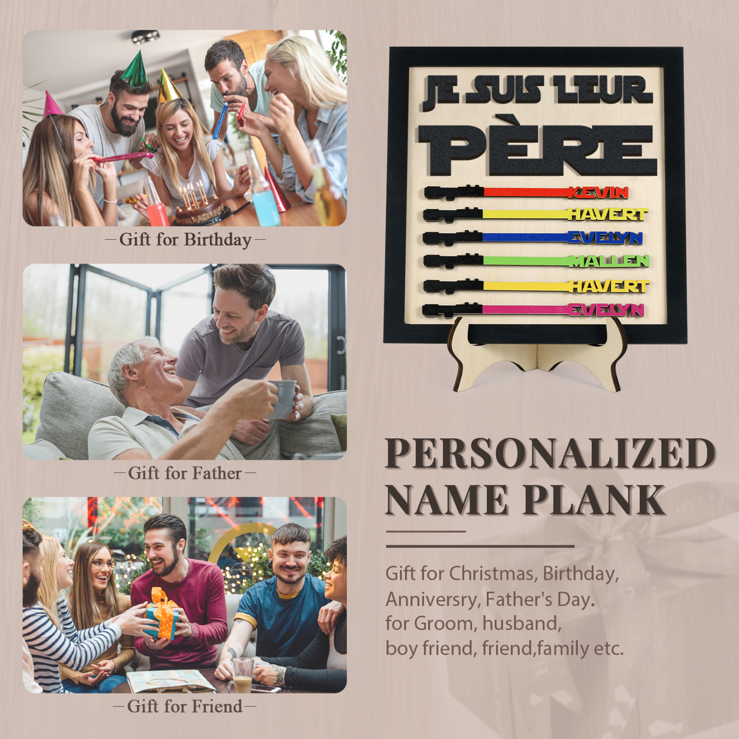 À mon Papa - Décoration en bois 6 Prénoms Personnalisés Ornement pour Père