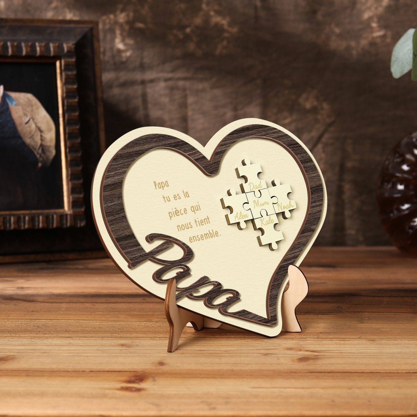 À mon Papa - Décoration en bois Cœur Puzzle 5 Prénoms Personnalisés Ornement pour Famille
